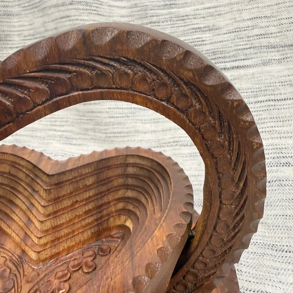 Vintage Carved Wooden Collapsible Folding Heart Bowl Basket Cottagecore Rustic